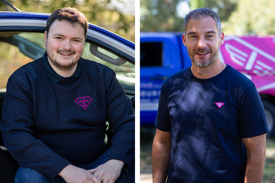 Portraits de François et Anthony, déboucheurs de La Compagnie des Déboucheurs, dans le département des Pyrénées-Atlantiques.
